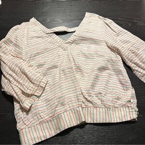 Anthropologie Cream Striped V-Neck Blouse with Red and Blue Accents